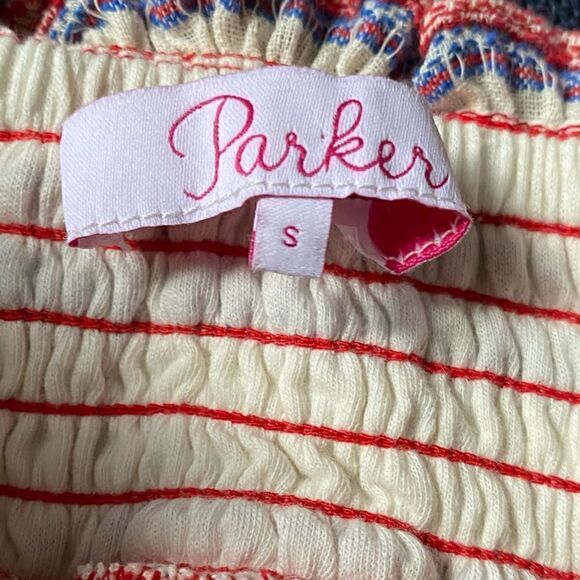 PARKER Lizette Smocked Crop Off the Shoulder Top Cabana Stripe Red Blue Sz Small - Picture 8 of 9